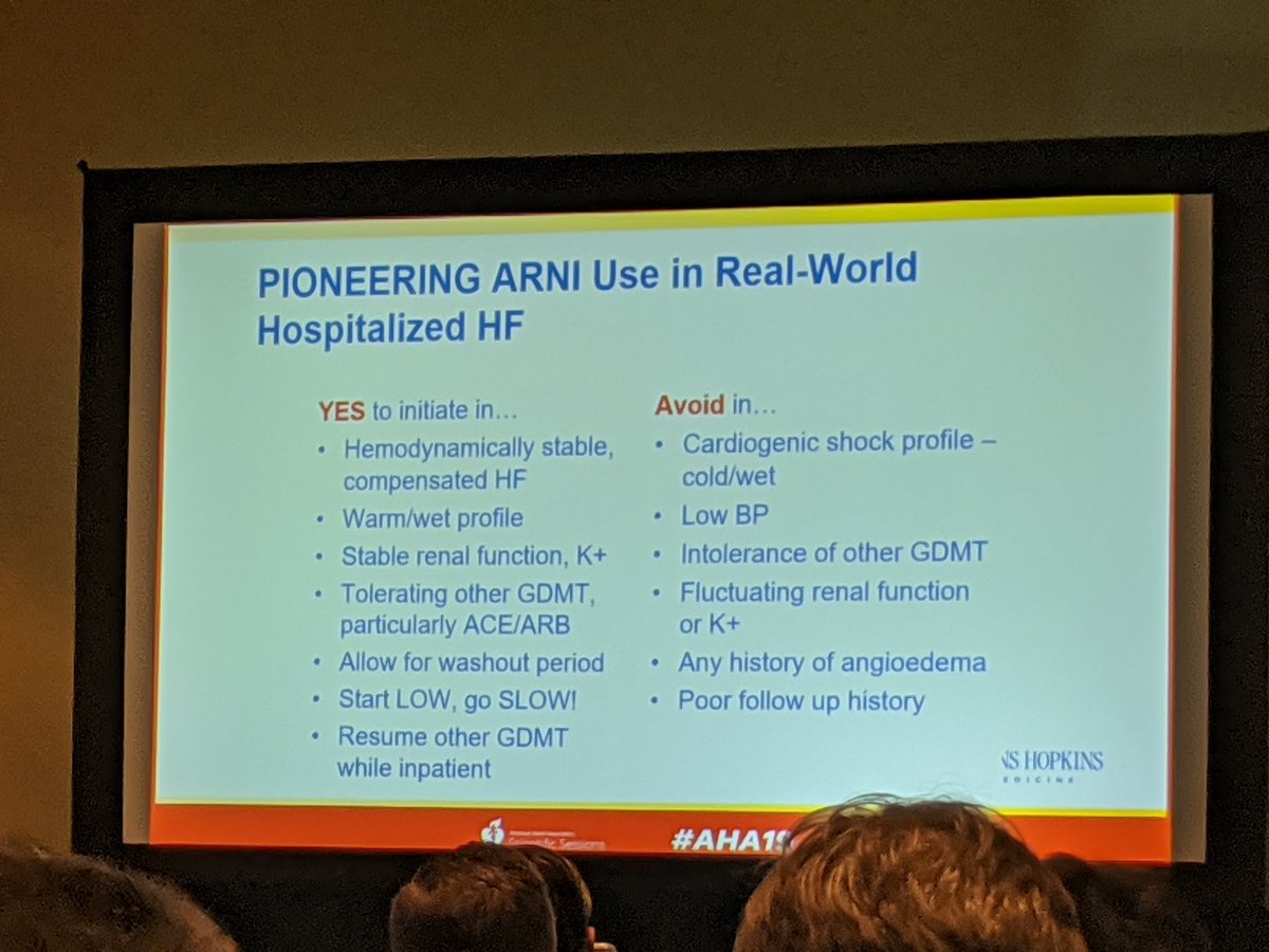 Great talks from Lynne Stevenson and Kavita Sharma on ADHF! Take homes:

1. Don't fret over the Cr bump at the end of diuresis. Drier is better!
2. Use a transition day for patients to adjust to their meds
3. Get ARNI started in the right pts

@shwetamotiwala @MarwaSabe99 #AHA19