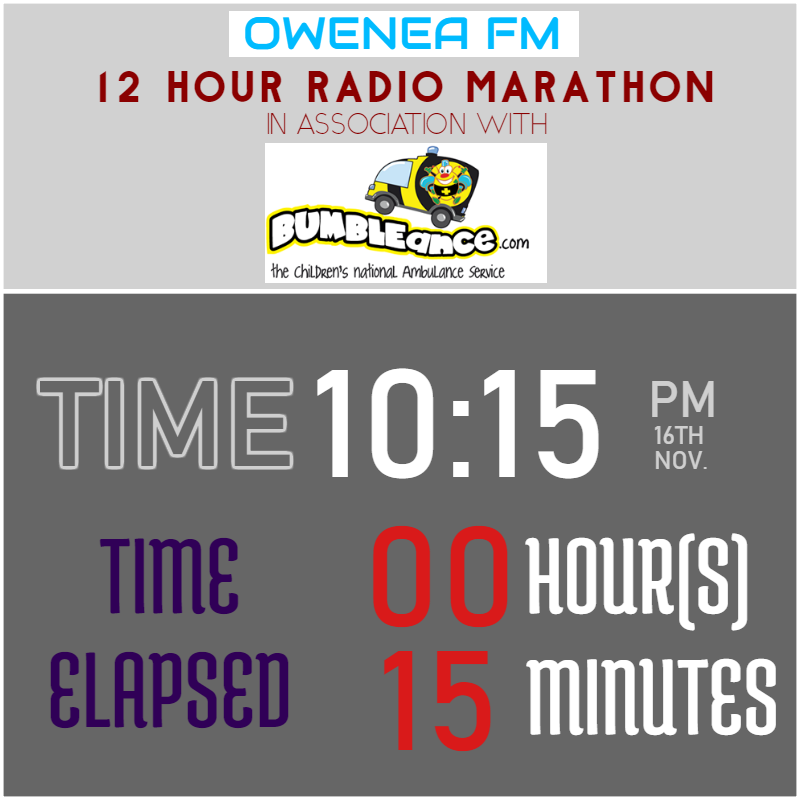 OweneaFM's tweet photo. And we're off! 15 minutes done, 11 hours and 45 minutes to go.
Listen in live on 100.8 FM and https://t.co/71Ujb9xinS all throughout the late night/early morning. https://t.co/Z16wwighre