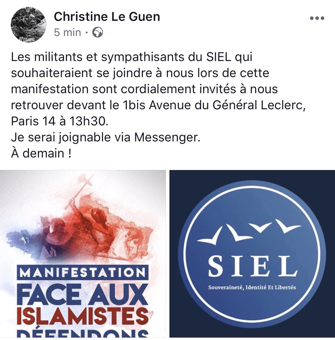 Le #SIEL sera présent à la manifestation contre l’islamisation de  la France organisée à Paris par #GénérationIdentitaire.