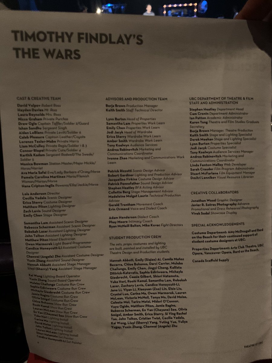WYipJD's tweet photo. A good crowd @TheatreUBC heard Prof Stephen Heatley &amp; @alumniubc @TCdgarnhum, who adapted Timothy Findley’s #TheWars to stage, &amp; to watch this @UBC production directed by Lois Anderson. Runs Wed-Sat, thru 11/23/19. https://t.co/f3xue2A9ta