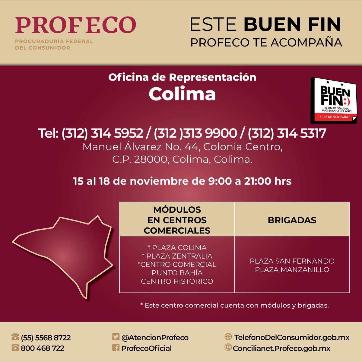 Profeco's tweet photo. En #ElBuenFin la Profeco te acompaña en #Colima, #Pachuca, #Morelia y #Querétaro de 9:00 a 21:00 hrs. https://t.co/qmoYPhyQOL