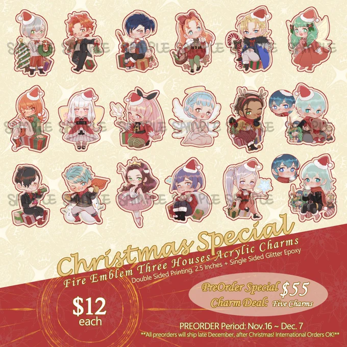 [RTs ☺️??] PREORDER IS LIVE for my new FE:3H Christmas charms, Inktober zine, FE:3H plush keychain collab with @YayaoYuyingSTU, and Chrom Dakimakura~!

⚠️‼️ PLEASE CHECK THE SHIPPING DATES for each preorder item as they are different!

Online Store: https://t.co/uDraKRKU2b 