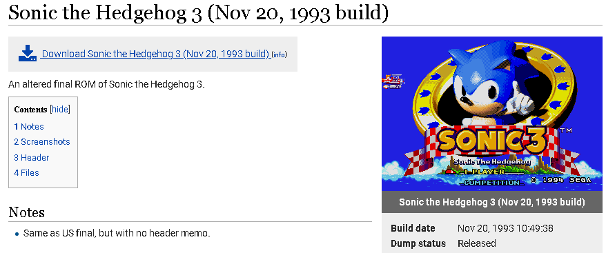 Carson on X: So This Sonic 3 prototype is dated at November 3rd, 1993.  The final build is dated at November 20th, 1993. That means it was less  than 3 weeks between