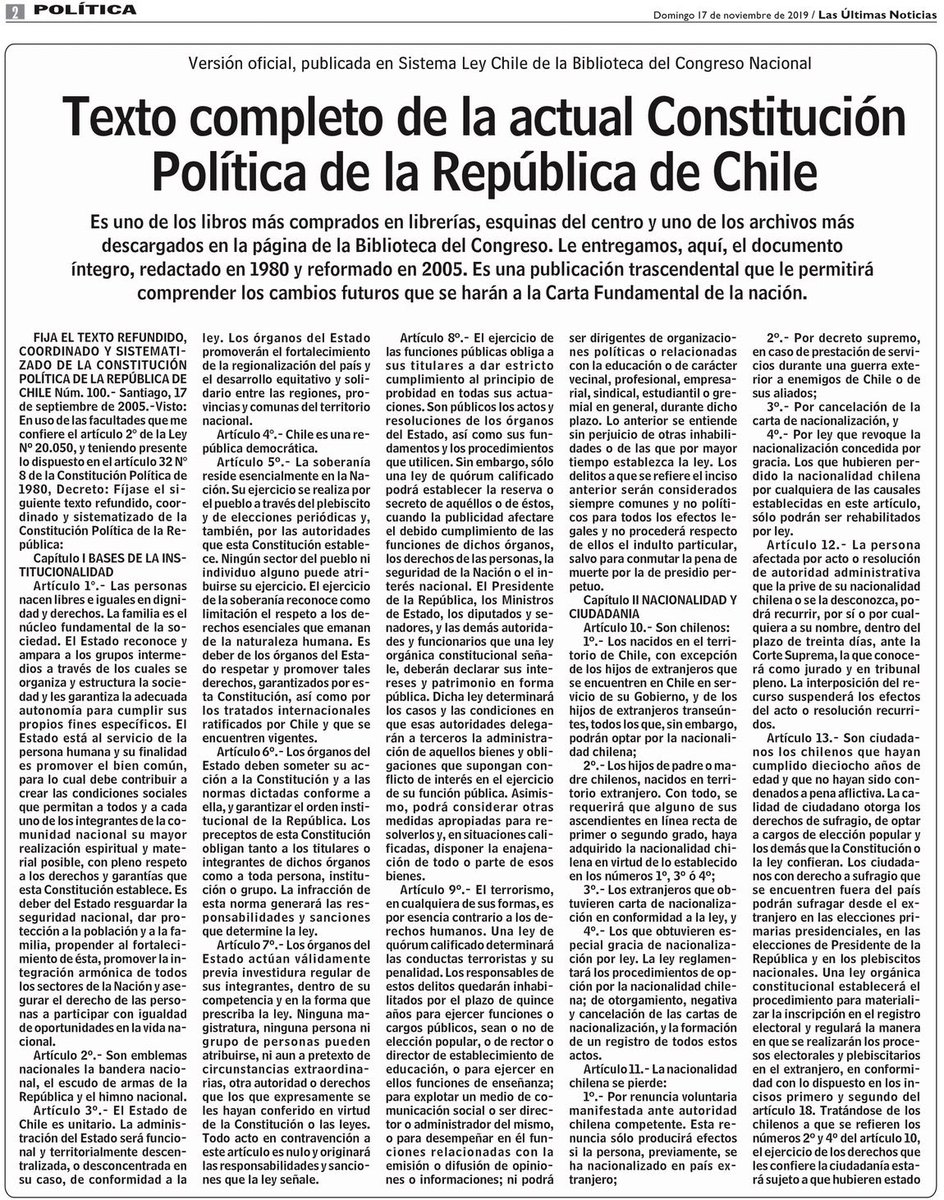 Mañana Las Últimas Noticias contendrá el texto de la actual Constitución. Buena forma de poder leerla en papel por $400 pesos ($500 en algunas regiones)