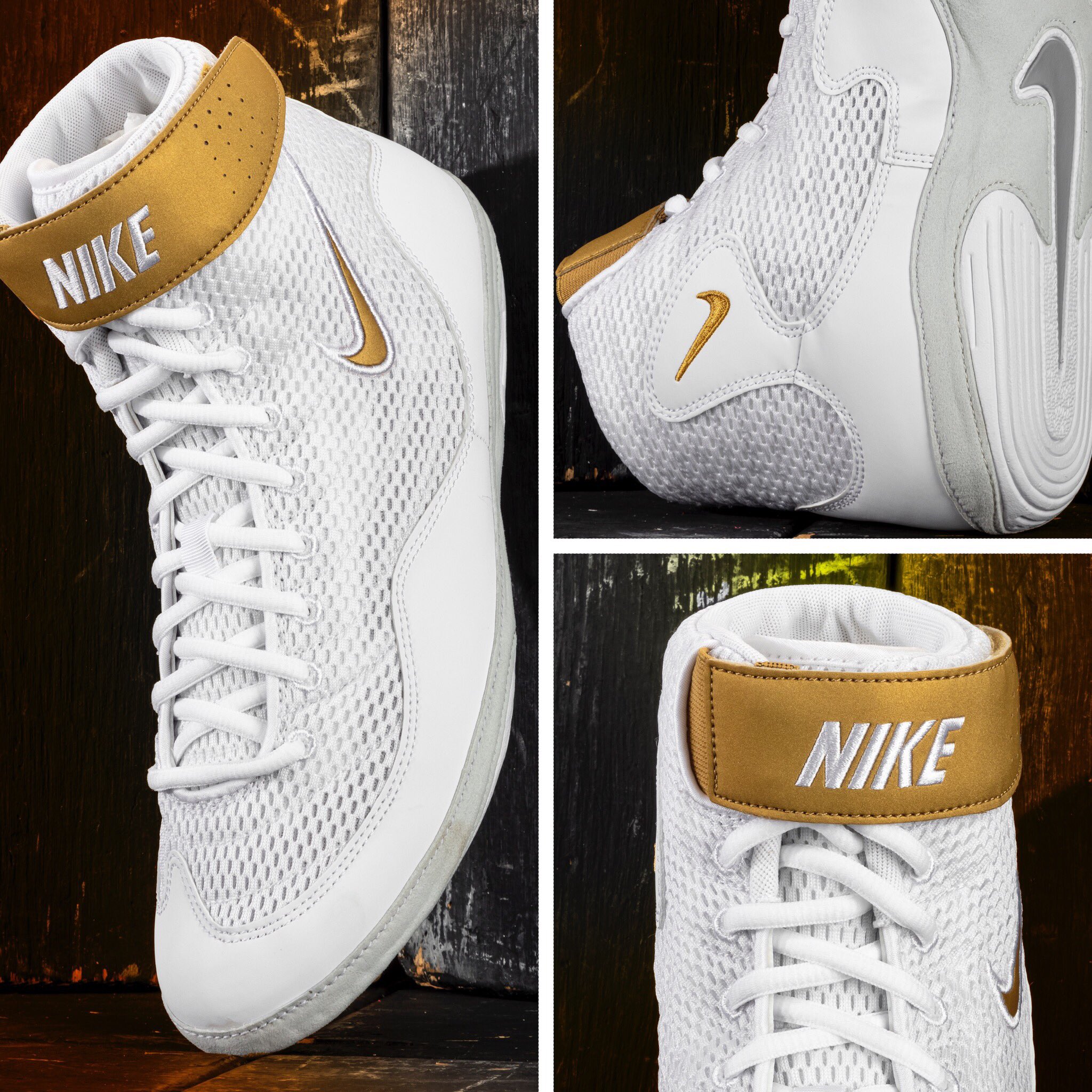 gold and white nike inflicts