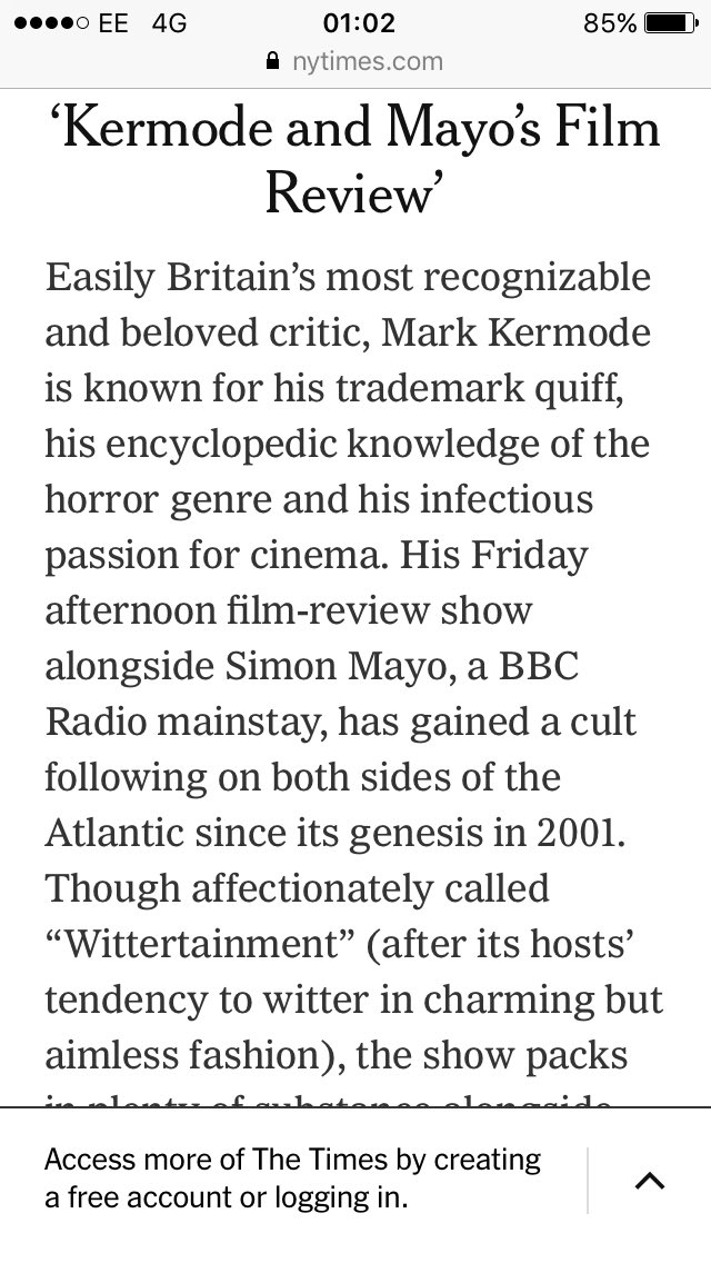 Mark Kermode (@kermodemovie) on Twitter photo Ok, I think the New York Times just called me "Easily Britain’s most recognizable and beloved critic ... known for his trademark quiff, his encyclopedic knowledge of the horror genre and his infectious passion for cinema." So to paraphrase:
1. Hair
2. Horror
3. Passion for cinema Ok, I think the New York Times just called me "Easily Britain’s most recognizable and beloved critic ... known for his trademark quiff, his encyclopedic knowledge of the horror genre and his infectious passion for cinema." So to paraphrase:
1. Hair
2. Horror
3. Passion for cinema