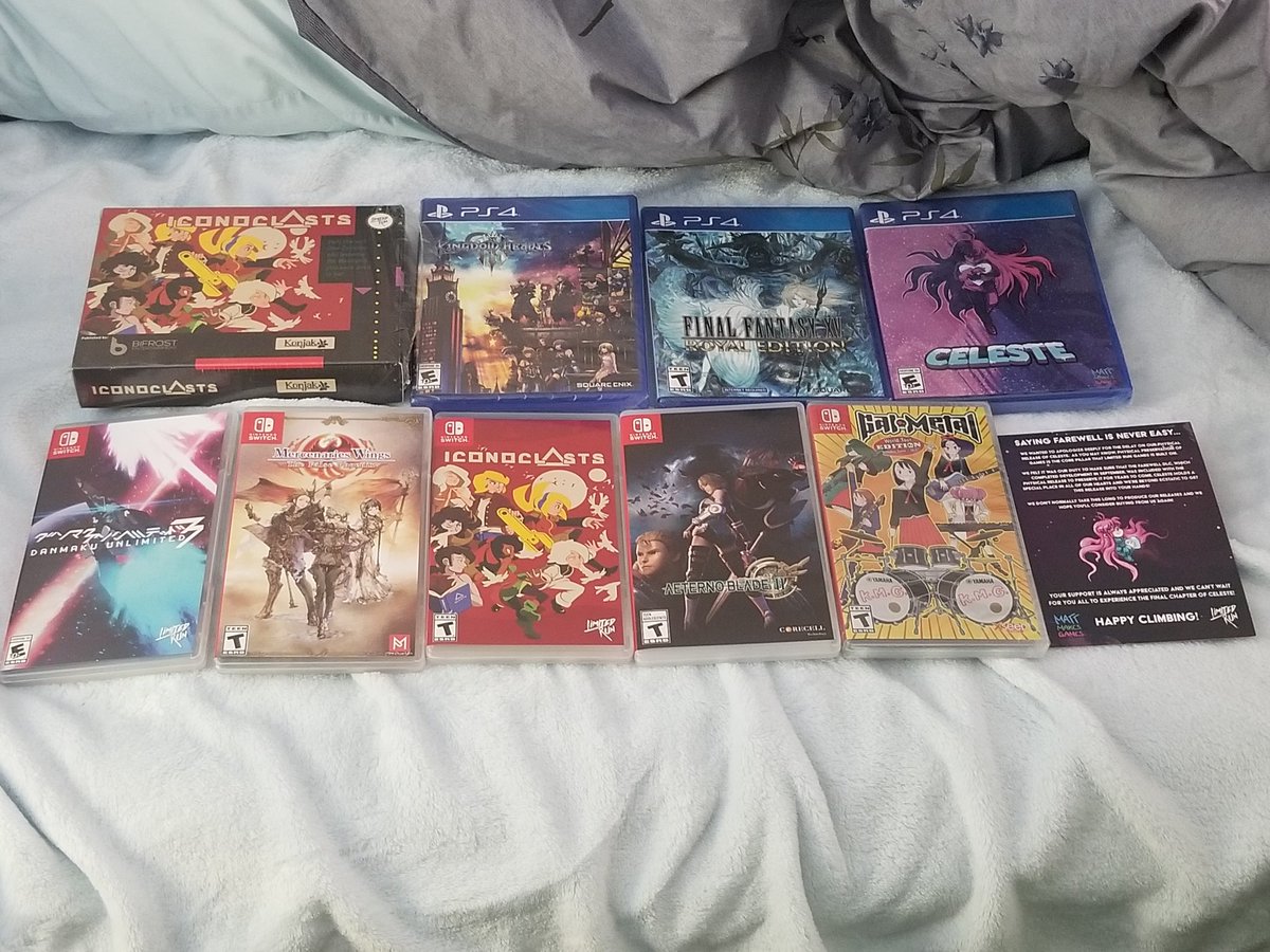 DragonMstrAlex's tweet photo. Some recent arrivals! Switch physicals 193-197. Aeterno Blade II from @AETERNOBLADE1. Mercenary Wings from @PMStudiosUSA. Iconoclasts from @konjak and Danmaku Unlimited 3 from @LimitedRunGames. Gal Metal and I finally got my PS4 Celeste! #SwitchCorps #Switchvember https://t.co/gGDGmM6oa5