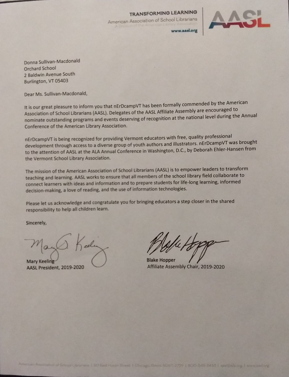 So honored to receive this <a href="/AASL/">AASL</a>  commendation for my efforts as <a href="/nErDcampVT/">nErDcampVT</a> chairperson. Thanks #VSLA! #VTed