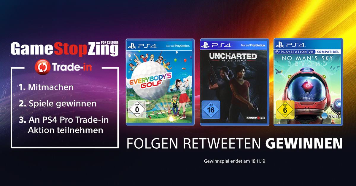 Wir rüsten euch für die @gamestopzingde PS4 Pro Trade in Aktion aus: bit.ly/PS4Progamestop Gewinnt bis 24.11. täglich 3 #PS4 Games und tauscht sie mit eurer gebrauchten PS4 und einem DS4 für 79.99 € gegen eine brandneue #PS4Pro ein. TNB: bit.ly/33QMOmO