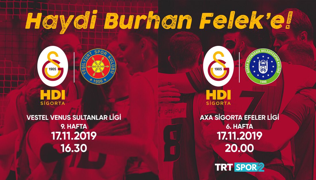 GalatasaraySK's tweet photo. 🏐 Haydi Büyük Galatasaray Taraftarı! 🤜🤛

Bugün hep birlikte Burhan Felek’teyiz! 💪 

⏰ 16.30
🆚 AtlasGlobal Yeşilyurt

⏰ 20.00
🆚 Bursa Büyükşehir Belediye https://t.co/0ny0NVHz8D
