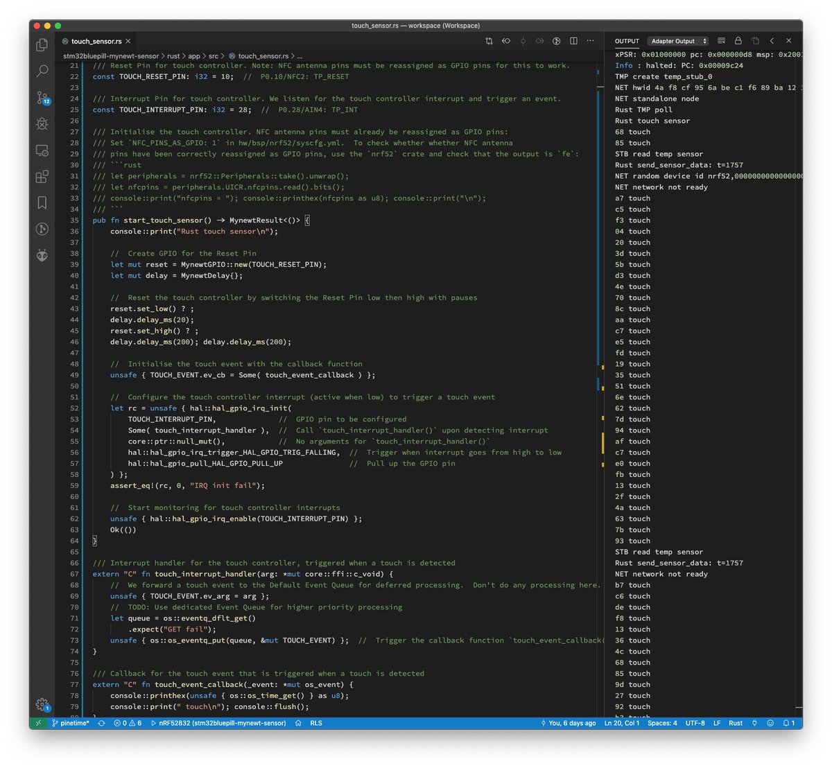 Transform a Touch Controller Interrupt to a #RustLang Callback... So easy to detect touching on #PineTime smart watch by <a href="/ThePine64/">PINE64</a>! Thanks to #Mynewt OS's excellent GPIO APIs... github.com/lupyuen/stm32b…