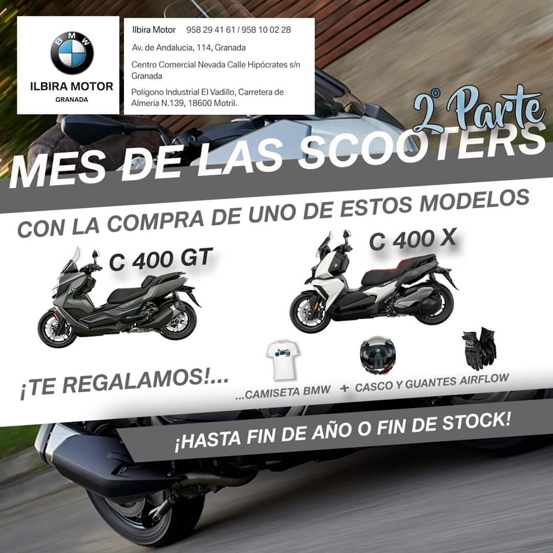 🔥¡Que sí, que nuestro Mes de las Scooters está de vuelta!🔥 Con la compra de los modelos: 🏍C 400 GT 🏍C 400 X 🎁Te regalamos una camiseta exclusiva BMW Motorrad y, ¡ATENTO! unos cascos y guantes Airflow.