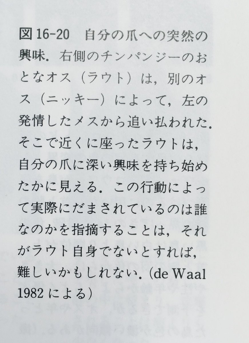 チンパンジーのオスが、メスに対する自らの性的な関心を隠そうとする例：「自分の爪への突然の興味」。

（R.Trivers 1985『Social Evolution／生物の社会進化』）