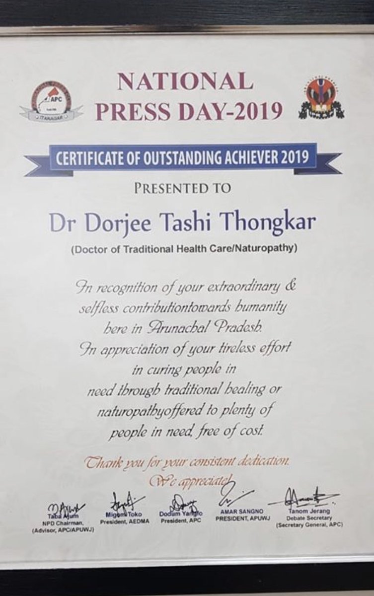 Congratulations Dr. DT Thongkar (Raptan) for the outstanding achiever’s award 2019 by Arunachal Press Club.One of the specialties of Dr Rapten’s treatment is ‘SPOON THERAPY’. Treated more than 15,000 patients free of cost suffering from various ailments in 2 years of time.