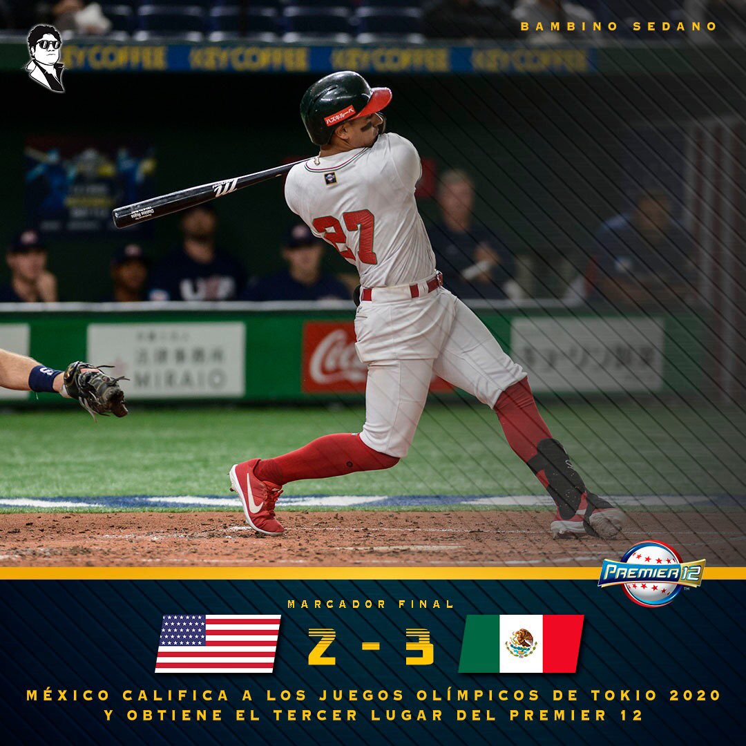 ¡HISTÓRICO! México vence 3-2 a EUA en el #Premier12 y califica a los Juegos Olímpicos de Tokio 2020. Efrén Navarro fue el héroe con hit en la décima.

#NovenaMéxico 
#QuitenseTodos 🇲🇽