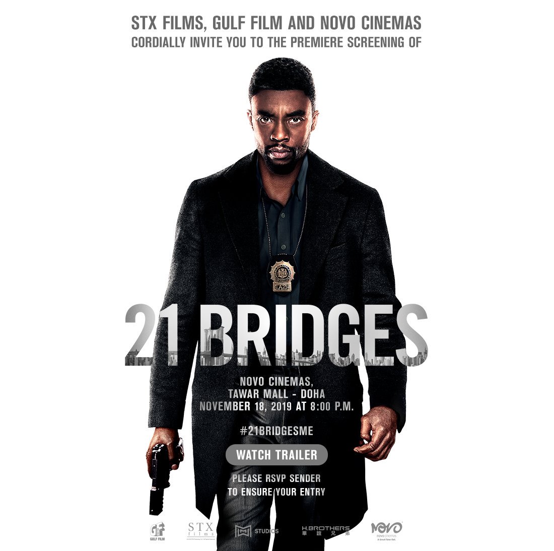 novocinemas_qtr's tweet photo. 🎁Competition time🎉

Two lucky followers and a guest will get the chance to attend the exclusive #Qatar premiere of #21Bridges on 18 November 2019, 8:00 pm at NovoCinemas, #TawarMall.

To win, 
1. Follow @novocinemas_qtr
2. Tag a friend &amp; retweet

#Premiere #competition #Qatar https://t.co/47fjkGcAbb