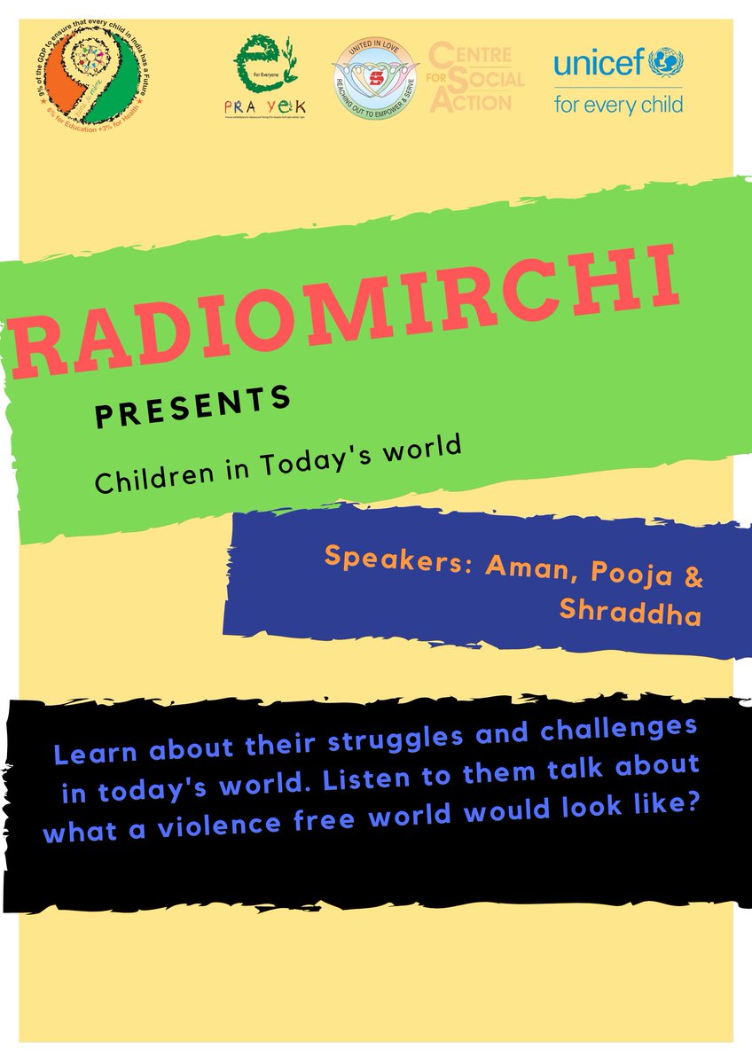 9isM9's tweet image. Watch out for a #KidTakover on Radio Mirchi. Listen to our Aman, Pooja and Shraddha to advocate and raise awareness on the most pressing issues facing children today! Stay tuned to know when and what time! #MakeRightsReal #UNCRC #CRC30 #ForEveryChildEveryRight @UNICEFIndia