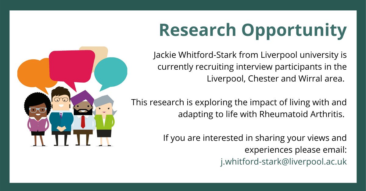 NRAS_UK's tweet photo. Jackie Whitford-Stark from Liverpool university is looking for interview participants in the Liverpool, Chester and Wirral area.
If you are interested in sharing your views and experiences please email:
j.whitford-stark@liverpool.ac.uk
#research #haveyoursay #interviewcall #RA https://t.co/o4Y42OF4i3