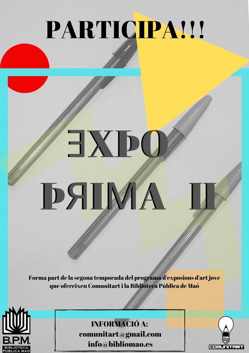 🔜EXPO PRIMA II🤪

Torna el programa d'exposicions d'art jove organitzat per COMUNITART i LA BIBLIOTECA PÚBLICA DE MAÓ!!
 ➡Si ets artista entre 16 i 30 anys anima't i participa

facebook.com/events/3008828…