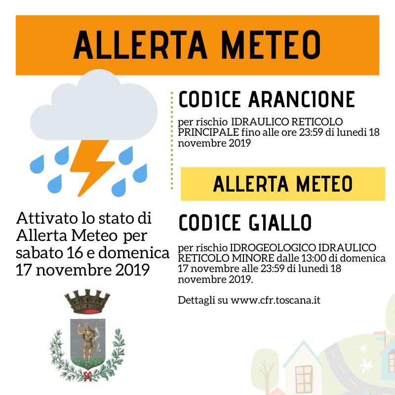 #AllertaMeteoTos CODICE ARANCIONE per rischio idraulico reticolo principale fino alle 23:59 di lunedì 18 novembre 2019. #comunesgv #sangiovannivaldarno