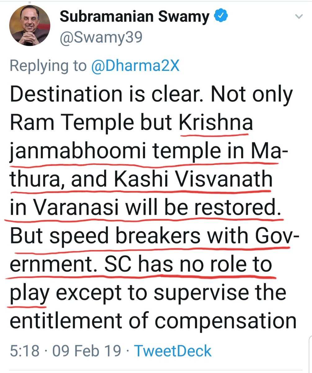 + back to Hindus quite easily only if, Govt desires so..According to him, SC has no role to play for getting restoration of Kashi and Mathura land from Muslims..Now the question arises, why Swamy, whose 2nd home is SC and who filed I/A application in SC in  #RamTemple case+2/23