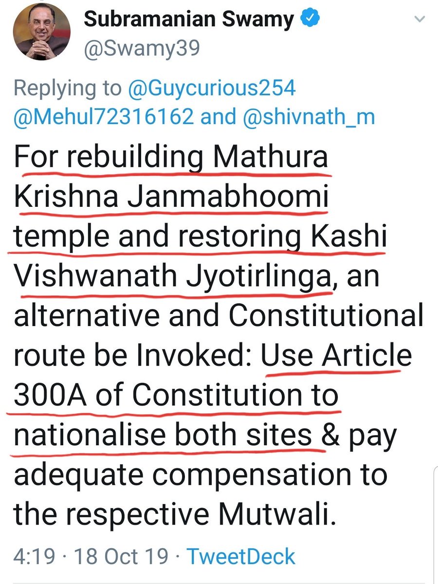 + on the grounds of Faith & Right to pray, eminant domain, doesnt file a writ petition in SC demanding restoration of Kashi and Mathura to Hindus on the same grounds? Why he is suggesting invocation of Article  #300A of our Constitution?Why is Swamy not approaching SC? Why?3/23