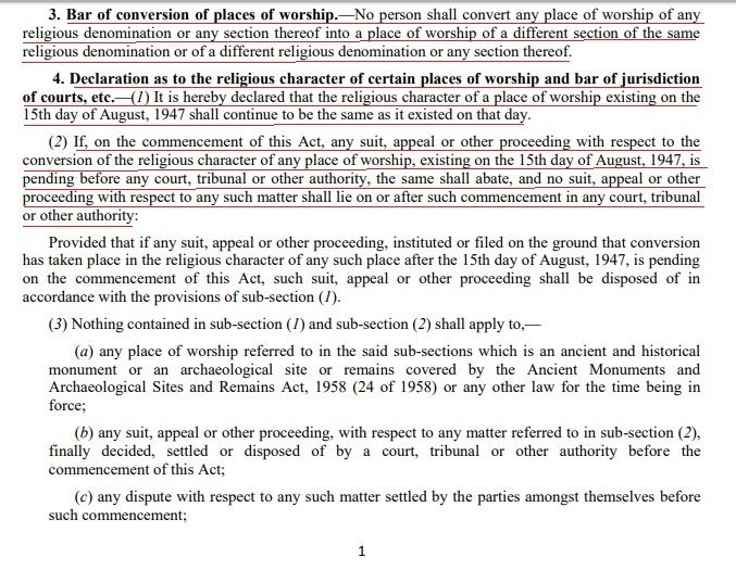 'The Places of Worship Act' 1991' prohibits conversion of religious character of a place of worship as existing on the 15th August, 1947.Even jurisdicton of courts was barred.Therefore, there is no way; Hindus can retrieve Kashi & Mathura back from Muslims legally..10/23