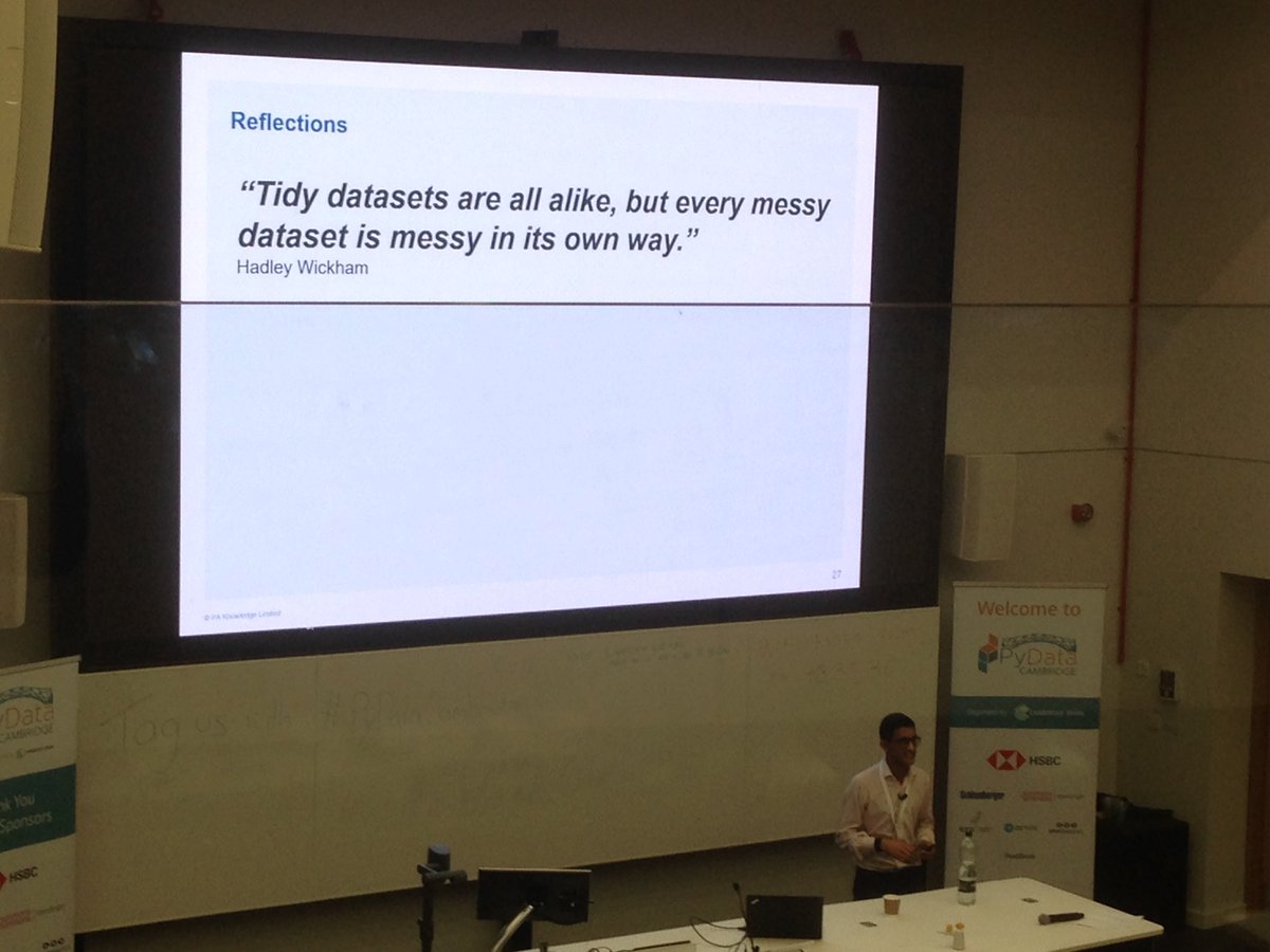 OTrieglaff's tweet image. Jaymin Mistry @PA_Consulting on using NLP to predict surgery times in NHS hospitals. Concluding with quote by @hadleywickham #PyDataCambridge