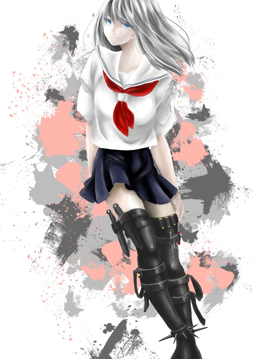 厚塗り練習 武装jk 銀髪 セーラー服 Love ねじ乃 低浮上のイラスト