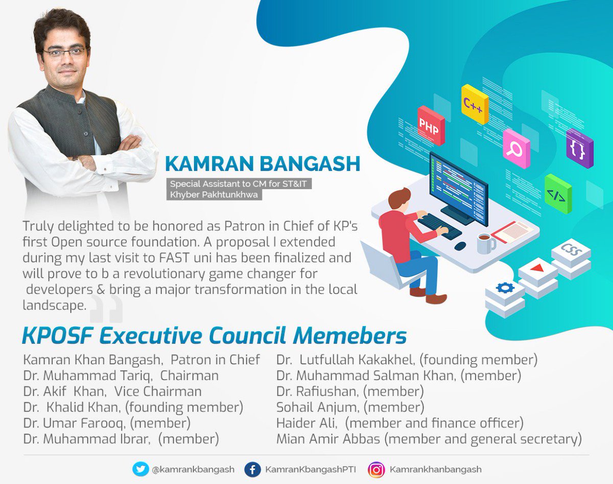kamrankbangash's tweet image. Truly delighted to be honored as Patron in Chief of KP&apos;s 1st OpenSource Foundation. A proposal I extended during my last visit to
FAST uni has bn finalized &amp;amp; will prove to b revolutionary game changer for developers &amp;amp; bring major transformation in local landscape #TechDrivenKP