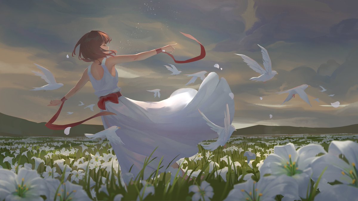 1girl flower dress bird field white dress solo  illustration images