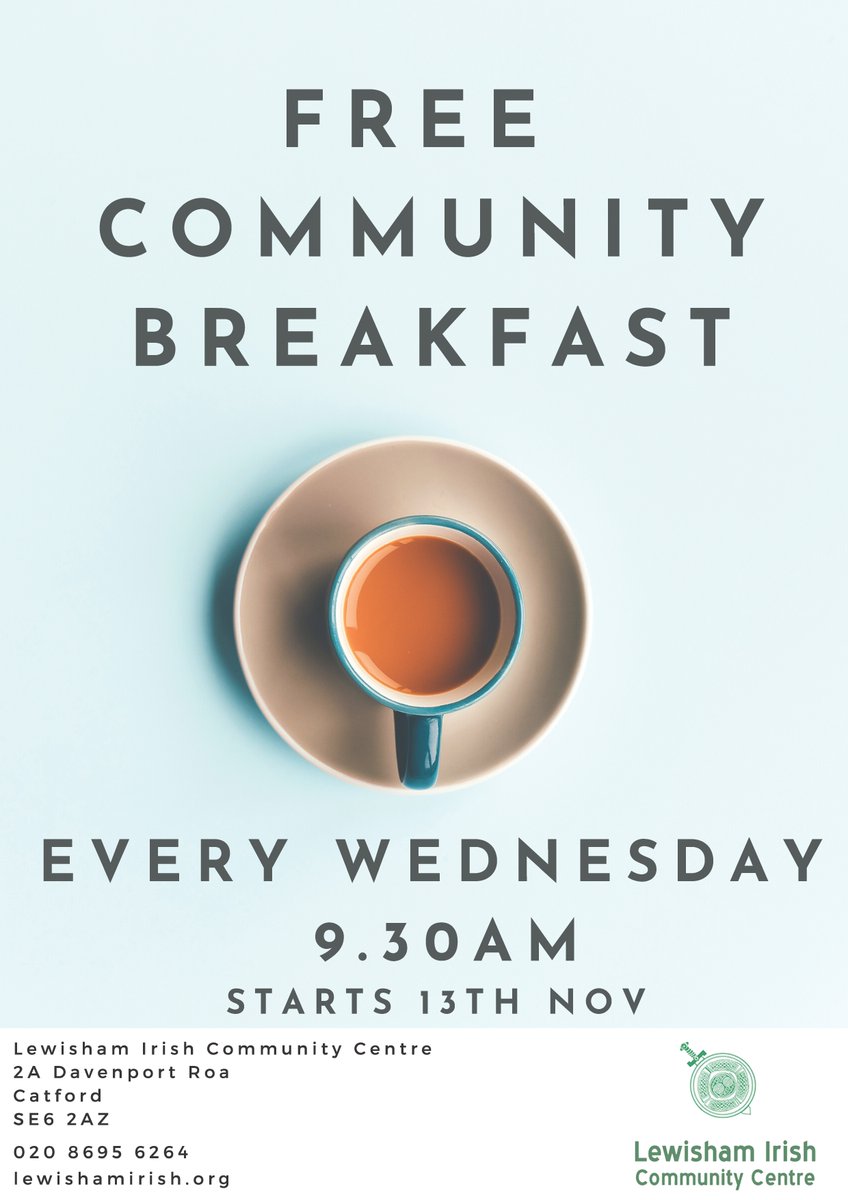 FREE Community Breakfast at the Lewisham Irish Community Centre SE6 2AZ - Every Wednesday 9.30am - Everyone is welcome - Come and join us. #Lewisham <a href="/LewishamIrish/">Lewisham Irish</a> #FreeBreakfast #SE6 <a href="/DPH_Lewisham/">DPH-Lewisham</a> <a href="/BeInspiredLEW/">Be Inspired Lewisham</a>