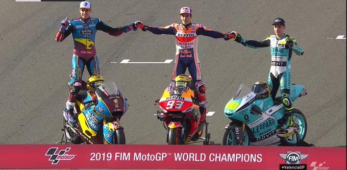 2019 World Champions
#MotoGP: <a href="/marcmarquez93/">Marc Márquez</a> 
#Moto2: <a href="/alexmarquez73/">Alex Márquez</a> 
#Moto3: <a href="/dallap48/">Lorenzo Dalla Porta</a>