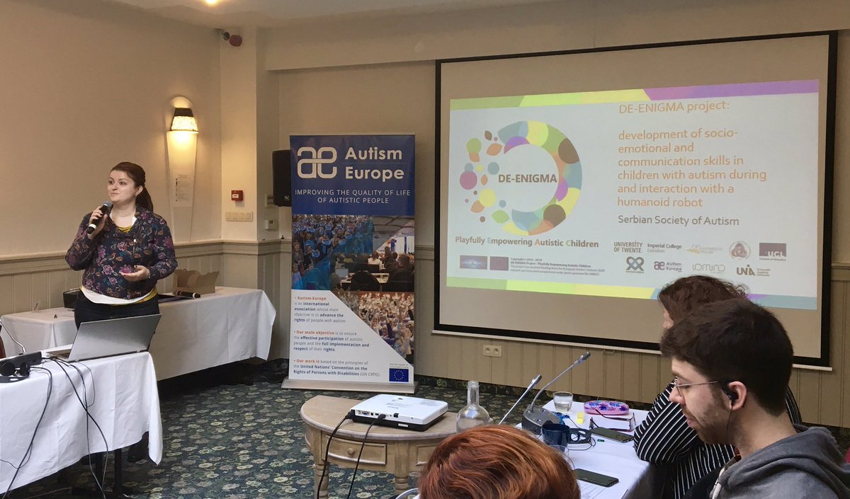 DeEnigma_EU's tweet photo. Suncica Petrovic shares the Serbian #Autistic Society experience using #robots to work with children on the #autism spectrum with the @AutismEurope’s Council of Administration in Brussels today in the framework of the #DEENIGMA project.
#robotics #h2020 #horizon2020 https://t.co/zeCHvWeV7k