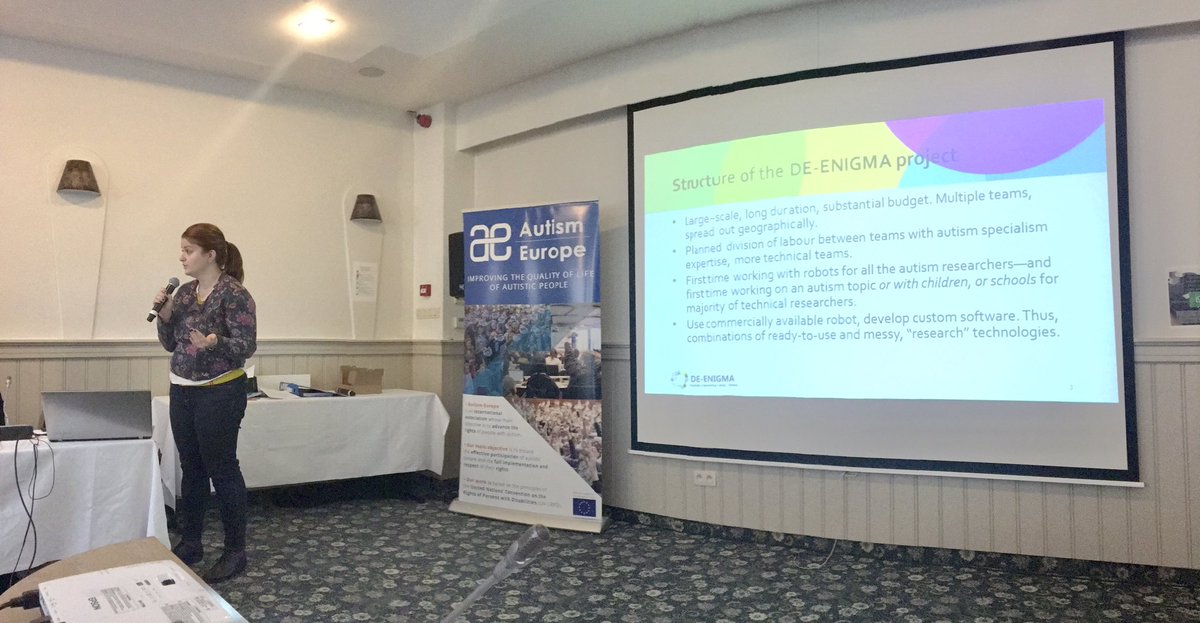 DE-ENIGMA Project (@deenigma_eu) on Twitter photo Suncica Petrovic shares the Serbian #Autistic Society experience using #robots to work with children on the #autism spectrum with the <a href="/AutismEurope/">Autism-Europe</a>’s Council of Administration in Brussels today in the framework of the #DEENIGMA project.
#robotics #h2020 #horizon2020 Suncica Petrovic shares the Serbian #Autistic Society experience using #robots to work with children on the #autism spectrum with the <a href="/AutismEurope/">Autism-Europe</a>’s Council of Administration in Brussels today in the framework of the #DEENIGMA project.
#robotics #h2020 #horizon2020