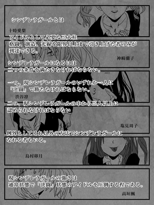 シンデレラファイターズシリーズ、ただただバトルシーンを描きたいという理由だけで産まれた勢い重視の漫画です
演出はBLEACHを参考にしてバトルシーンはドラゴンボールを参考にしてます
シンデレラガールになるこの条件とかもろにBLEACHです 