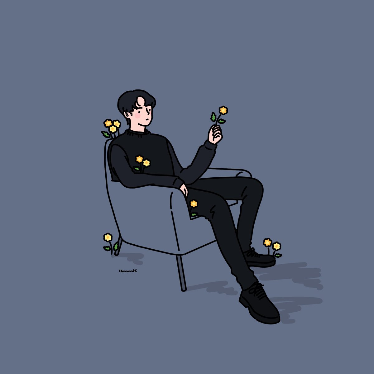 flower solo 1boy black hair male focus black footwear black pants  illustration images