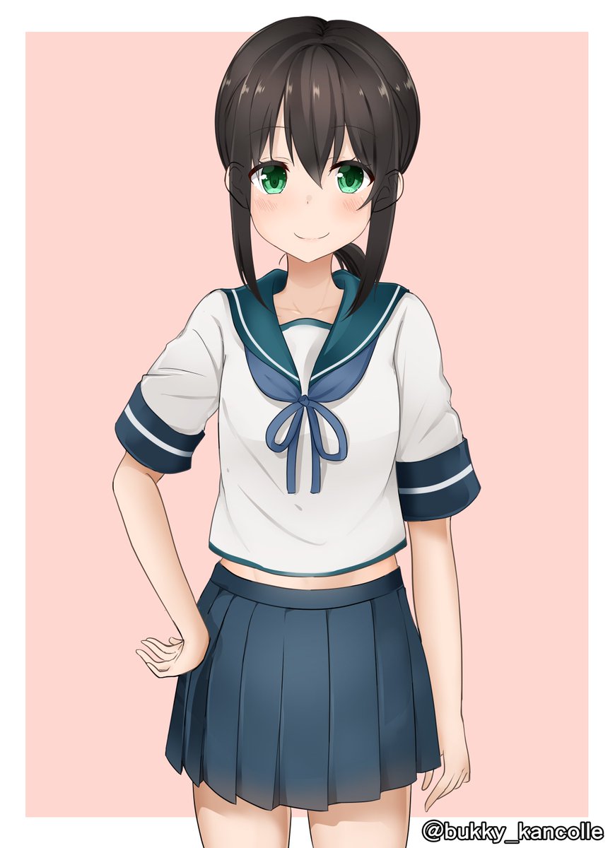 fubuki (kancolle) 1girl solo serafuku school uniform skirt green eyes black hair  illustration images