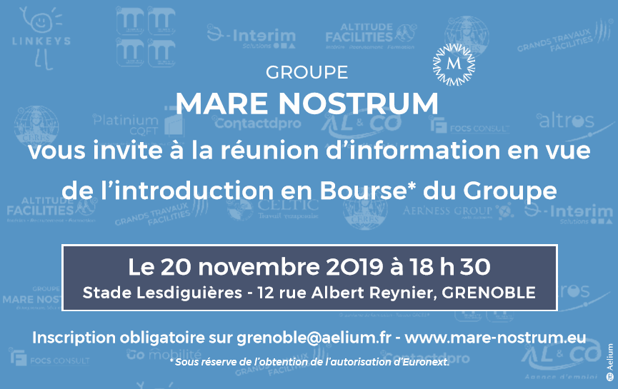 |🌐 Tour de France :  Invitation |📍 Grenoble
Nous venons à votre rencontre pour vous présenter l'opération !
➡Inscrivez-vous à marenostrum@aelium.fr 

#GroupeMareNostrumEntreEnBourse #bourse #actionnaire #IPO #trader #trading #entreprendreICI #grenoble
Aelium Conseil