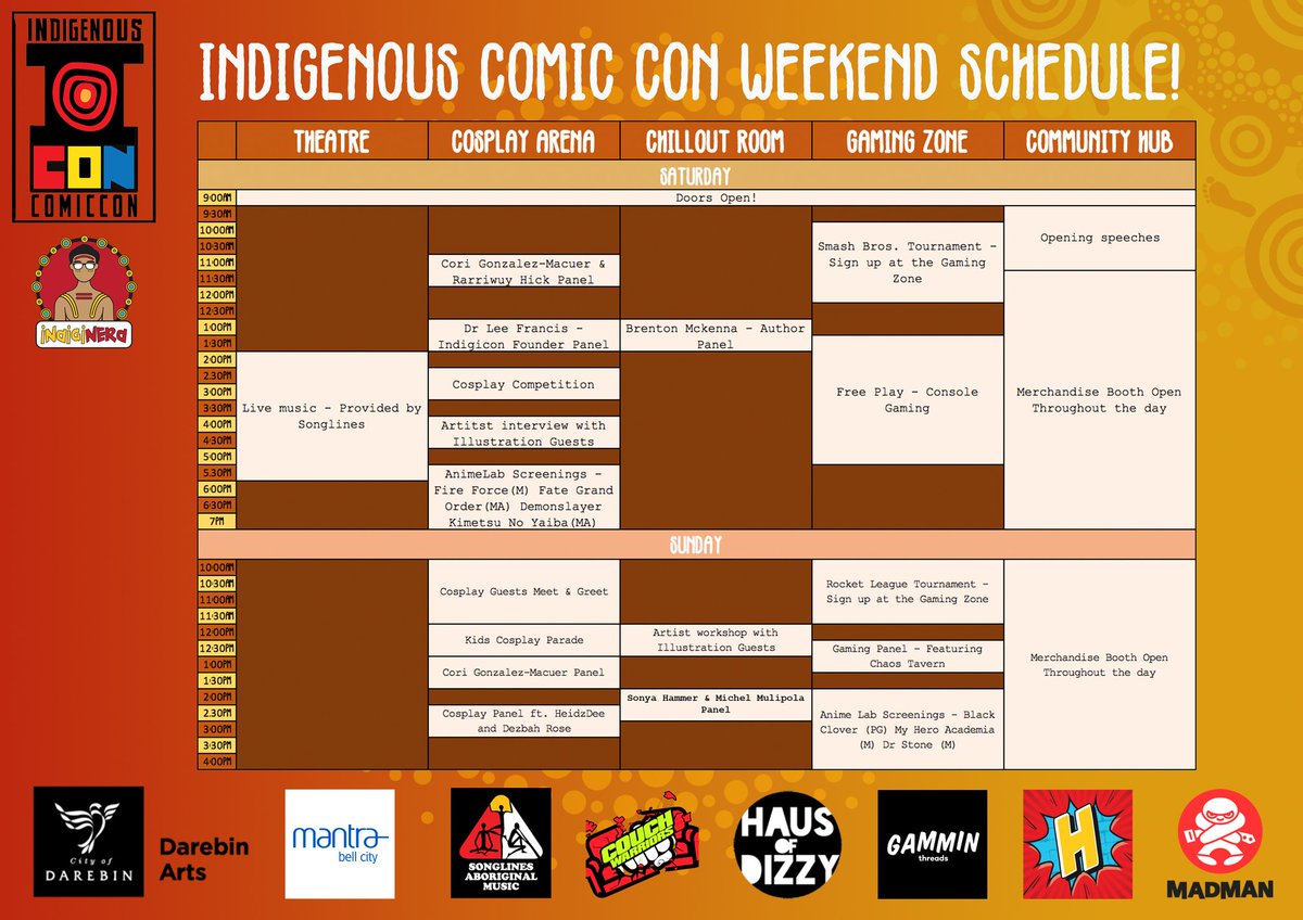 IndigiconA's tweet photo. Here it is!
The schedule for the 2019 Indigenous Comic Con for Australia is here!
๐ฅ โค๏ธ ๐ ๐ค ๐ฅ
Tix @ https://t.co/PzCxos94Ec or @ the door. #indigicon2019 #indigenouscomiccon #indigicon #indiginerd #indiginerdity #blerd #comiccon #conventions #australianconventions https://t.co/kd9kHpgMce