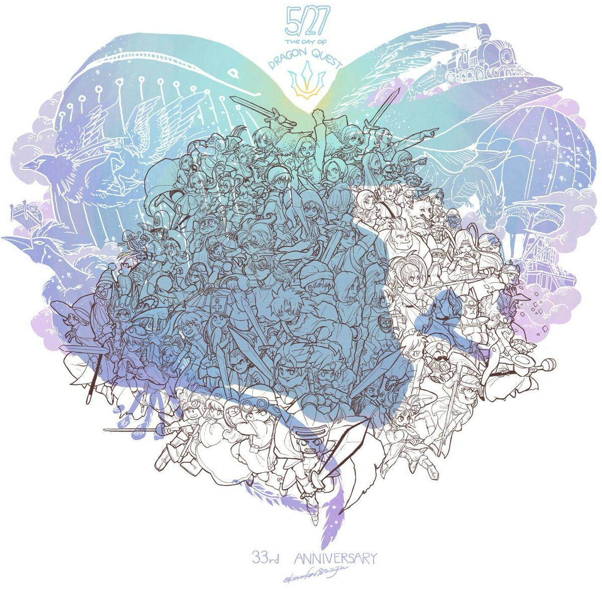 こらふ 無浮上 ドラクエ記念日こんな感じでした 集合絵はとくにラフの時点で細かくポーズと配置決めて あとはノリと勢いでなんとかします ラフと線画と完成絵比較