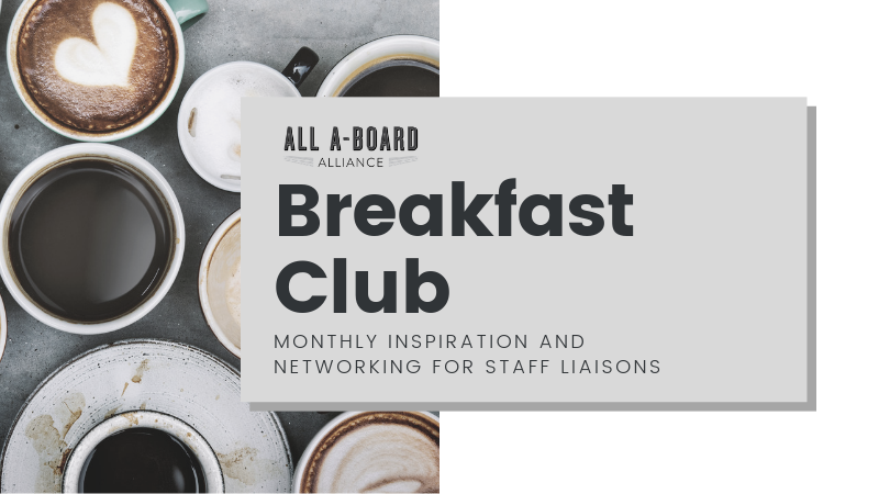 Calling all staff liaisons: our November Breakfast Club is on the 20th! This is a great opportunity to learn from your peers about the wonderful and sometimes challenging world of associate and junior board organization and management. RSVP below. 👇

allaboardalliance.org/calendar/tDTgQ…