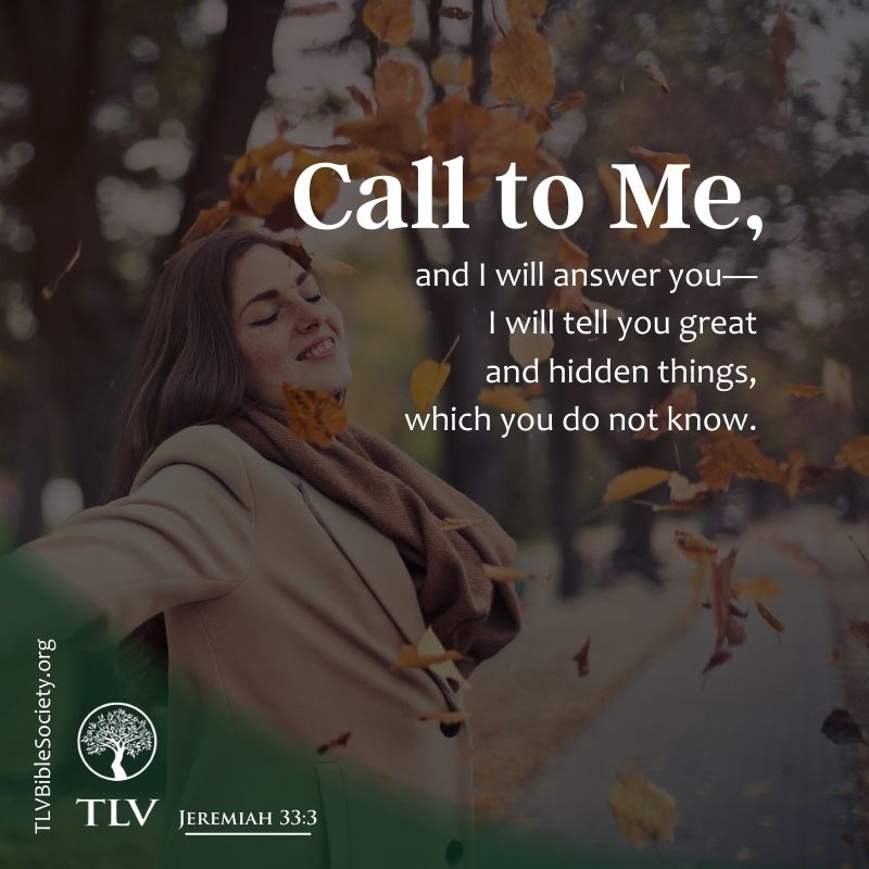TLVBible's tweet photo. Call to Me, and I will answer you—
I will tell you great and hidden things,
which you do not know.
Jeremiah 33:3 TLV

#TLVBible #TLVverseoftheday #bible
#TLVJeremiah #calltoMe #Iwilltellyou https://t.co/rYVj8mh8fN