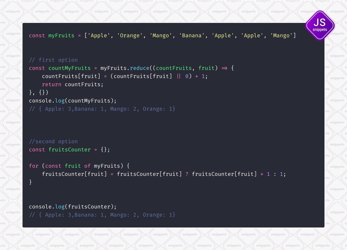 SnippetsJs's tweet image. Count elements in an array 🦸♂️
#JSsnippets
Follow us -
Github - github.com/JSsnippets/Jav…
Twitter -
Linkedin - linkedin.com/company/293420…