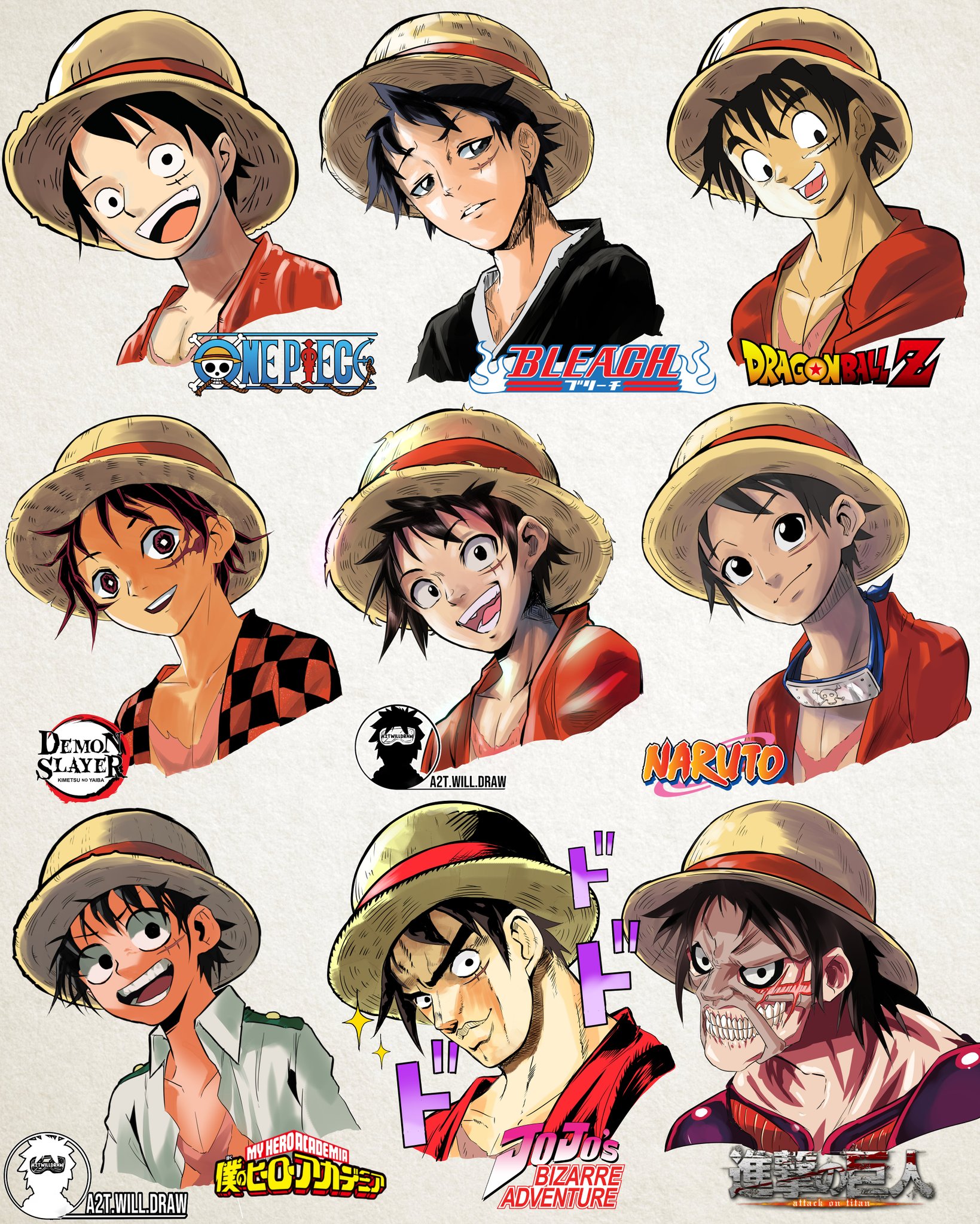 t Will Draw Just Made Luffy From Onepiece In 9 Famous Manga Styles On My Instagram T Co 6znaluynpq Twitter