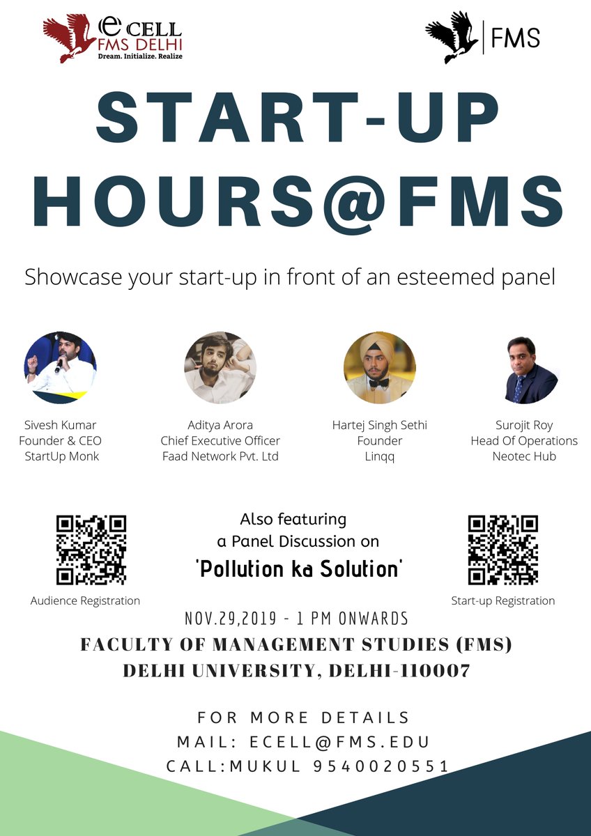 ecell_fms's tweet photo. Start-up Hours@ FMS is back! 
Entrepreneurship Cell, FMS brings to you a platform for budding entrepreneurs to network, pitch their ideas, and learn business insights from industry leaders of India.

https://t.co/njnQtyO0mD https://t.co/0yqE023h4P