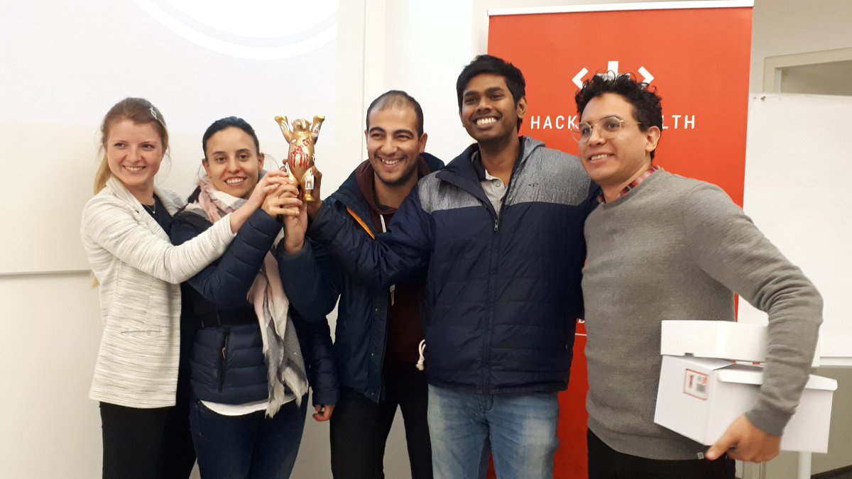 The #AMRHackaton jury decided to give another award to Team 4 for their visionary idea and excellent presentation. Thanks to @hackinghealthDE for the super cool award. #HackAMR19