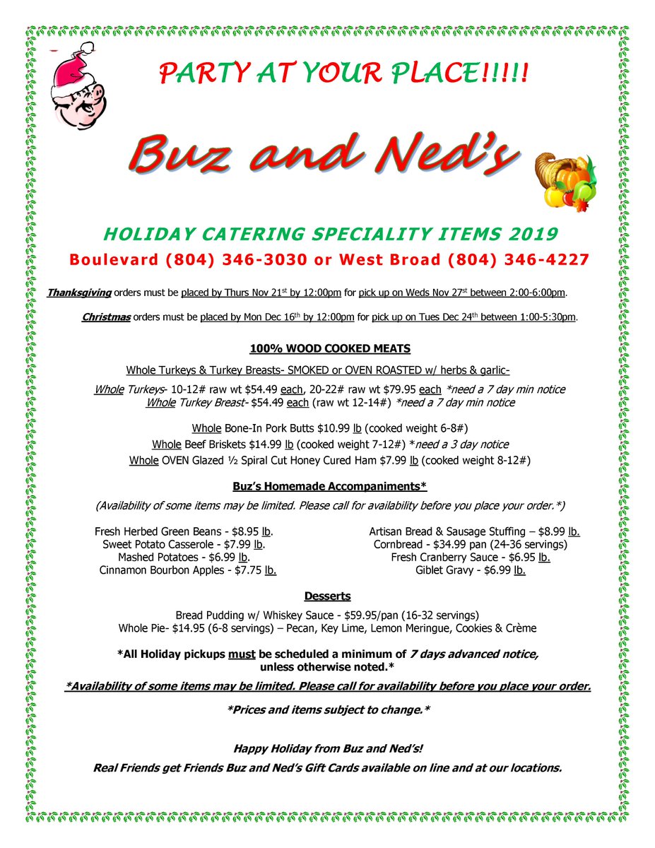 Order catering NOW and pick up the day before Thanksgiving, Christmas or any holiday event! Have the best dish at the table! 

Order by 11/21 for Thanksgiving and 12/16 for Christmas!
 
 buzandneds.com/wp-content/upl…