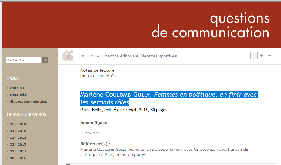 NgonoSimon's tweet photo. Dans le n° 35 de la revue #questionsdecommunication, parution de ma note de lecture sur "Femmes en politique, en finir avec les seconds rôles" de Marlène Coulomb-Gully. Lien : 👉👉👉https://t.co/udwddkpOUf https://t.co/juFDVTvjna