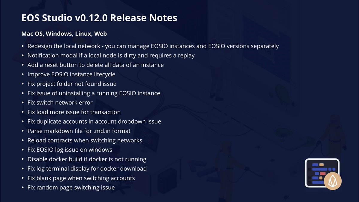 obsidian_labs's tweet image. We are very excited to announce that #EOSStudio (eosstudio.io) has been updated to v0.12.0 !! 

This iteration we redesigned the local network to manage EOSIO instances and EOSIO versions separately, and fixed some annoying issues.

Read more 👉 t.me/eosstudio